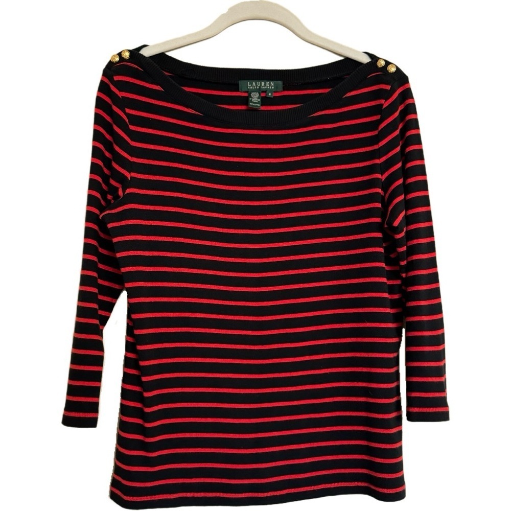 LAUREN Ralph Lauren Red and Blue Striped Nautical Marine Top Sz M Gold Buttons